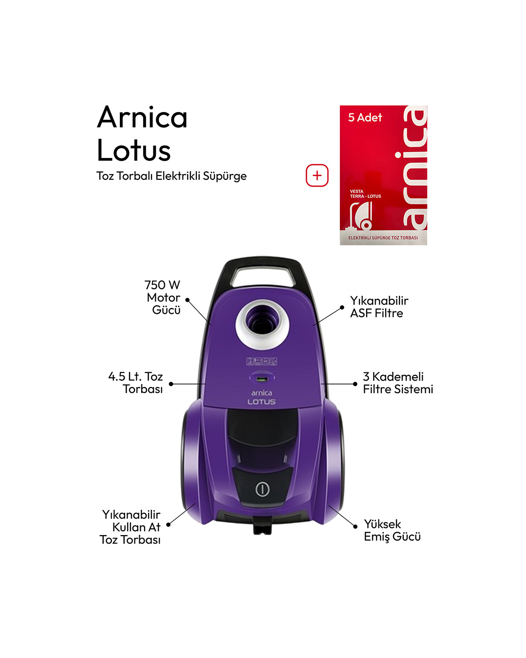 arnica-lotus-et14260-750w-toz-torbali-elektrikli-supurge-mor-toz-torbasi-hediyeli-02